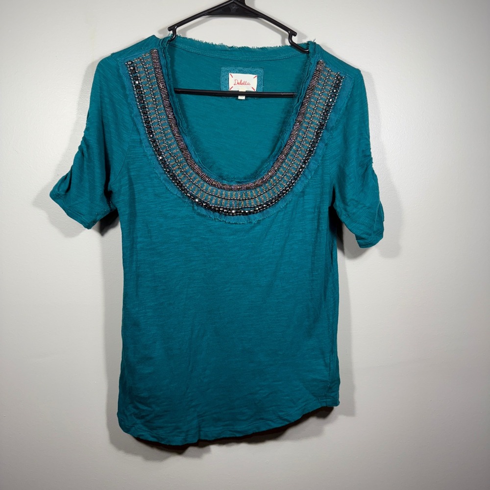 Deletta x Anthropologie‎ Top Small Teal Embellished Short Sleeve Cotton Blend